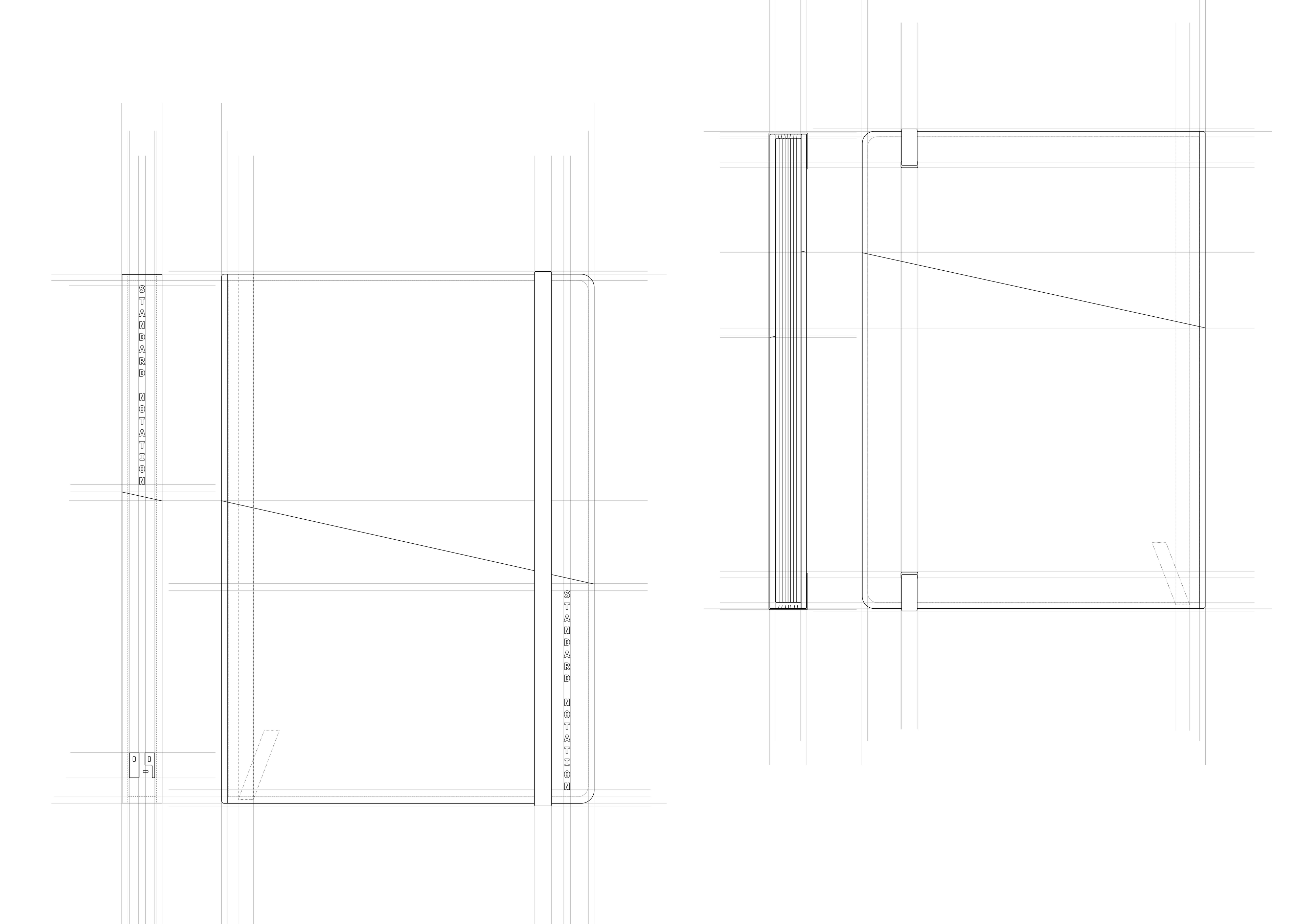A minimalist black and white architectural line drawing showing multiple perspective views of a rectangular notebook, rendered on a white background.